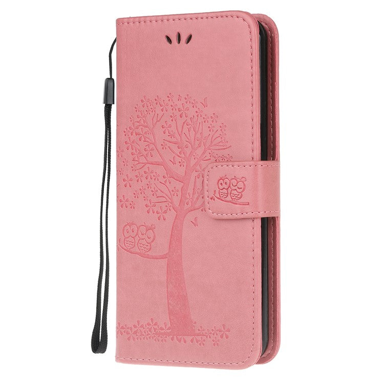 Imprint Tree and Owl Pattern Leather Wallet Case for Google Pixel 4a - Pink