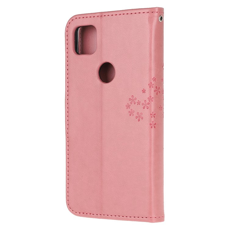 Imprint Tree and Owl Pattern Leather Wallet Case for Google Pixel 4a - Pink