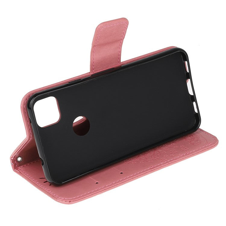 Imprint Tree and Owl Pattern Leather Wallet Case for Google Pixel 4a - Pink