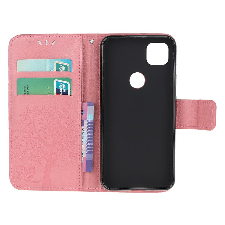 Imprint Tree and Owl Pattern Leather Wallet Case for Google Pixel 4a - Pink
