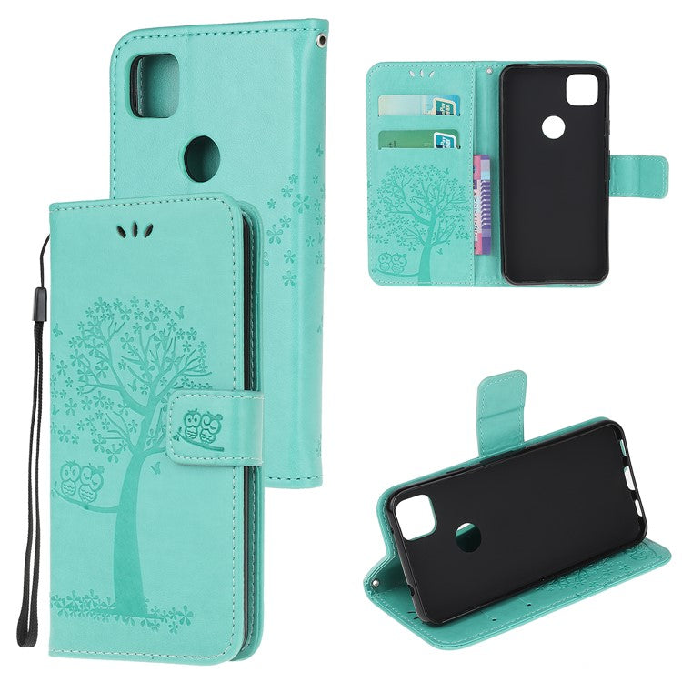 Imprint Tree and Owl Pattern Leather Wallet Case for Google Pixel 4a - Cyan