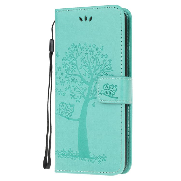 Imprint Tree and Owl Pattern Leather Wallet Case for Google Pixel 4a - Cyan
