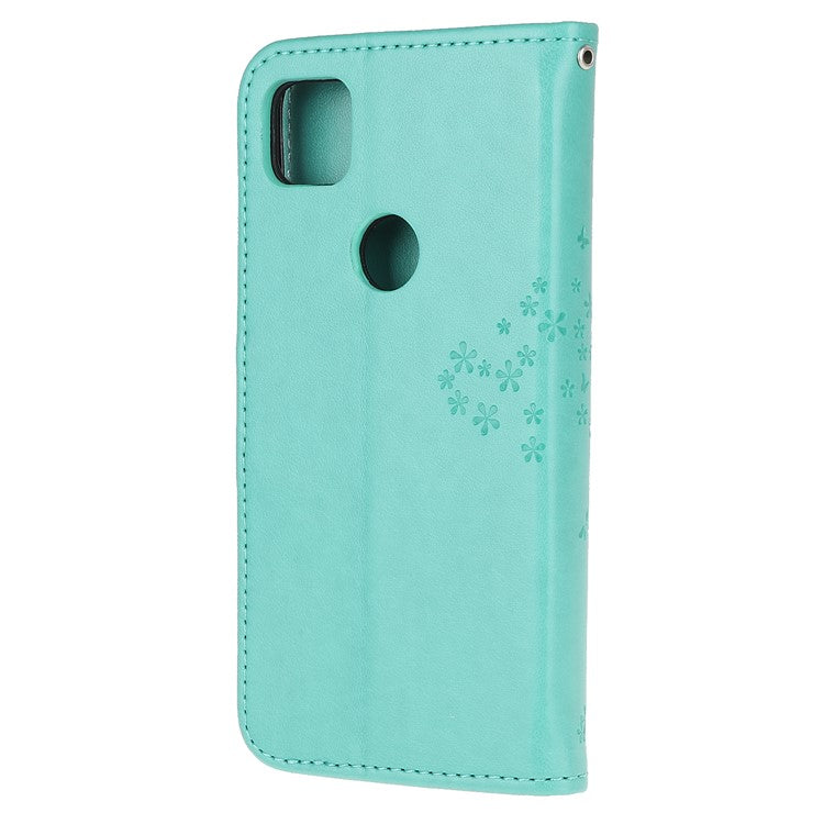 Imprint Tree and Owl Pattern Leather Wallet Case for Google Pixel 4a - Cyan