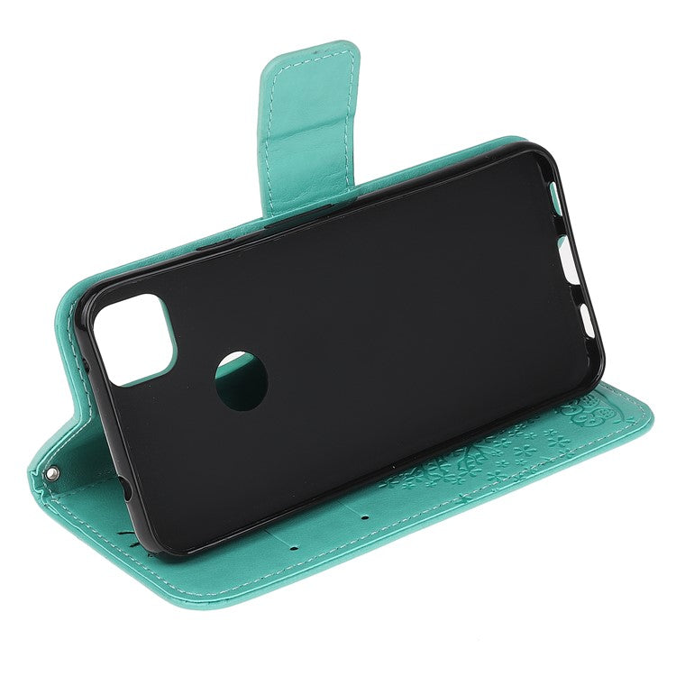 Imprint Tree and Owl Pattern Leather Wallet Case for Google Pixel 4a - Cyan