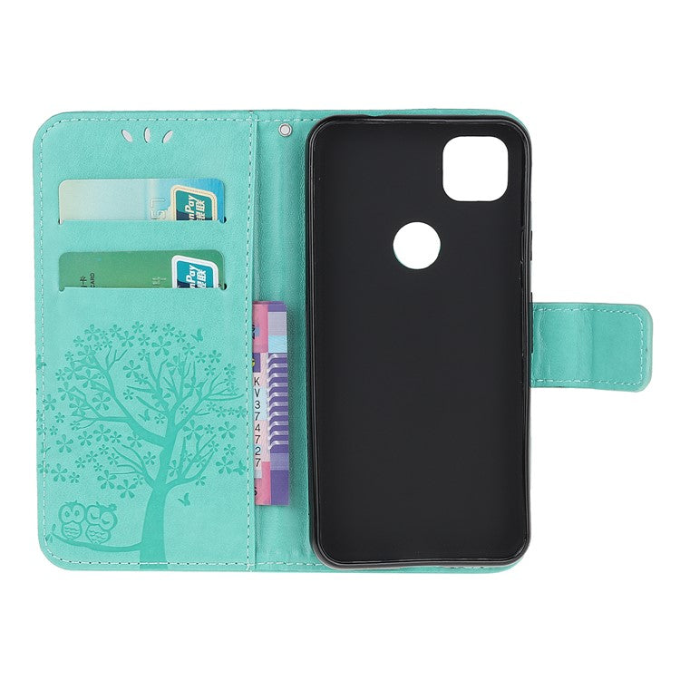 Imprint Tree and Owl Pattern Leather Wallet Case for Google Pixel 4a - Cyan