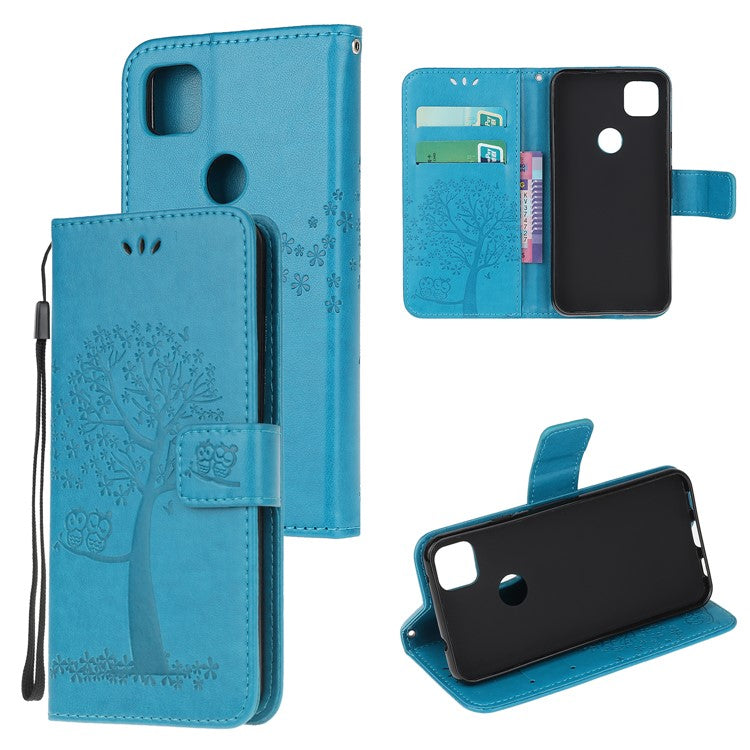 Imprint Tree and Owl Pattern Leather Wallet Case for Google Pixel 4a - Blue