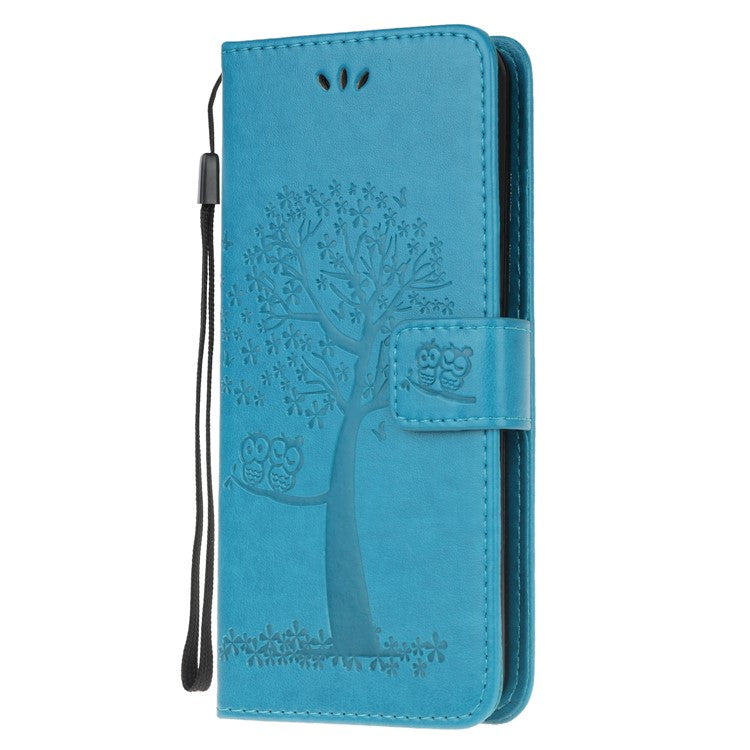 Imprint Tree and Owl Pattern Leather Wallet Case for Google Pixel 4a - Blue