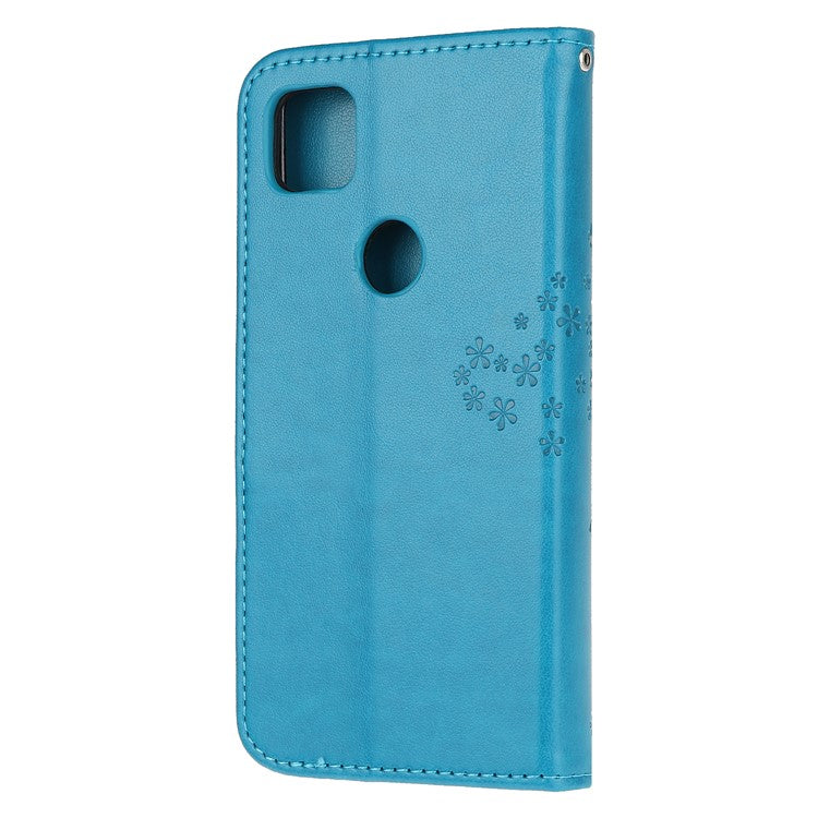 Imprint Tree and Owl Pattern Leather Wallet Case for Google Pixel 4a - Blue