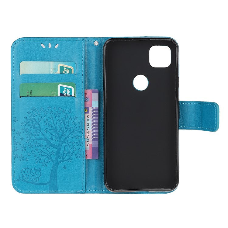 Imprint Tree and Owl Pattern Leather Wallet Case for Google Pixel 4a - Blue