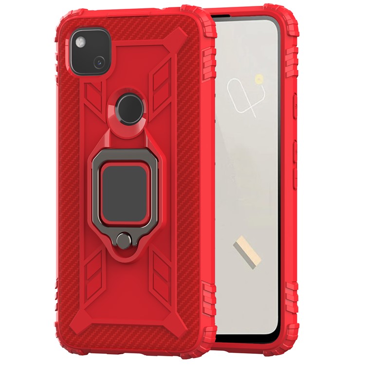 Finger Ring Kickstand TPU Case Mobile Phone Protective Shell for Google Pixel 4a - Red