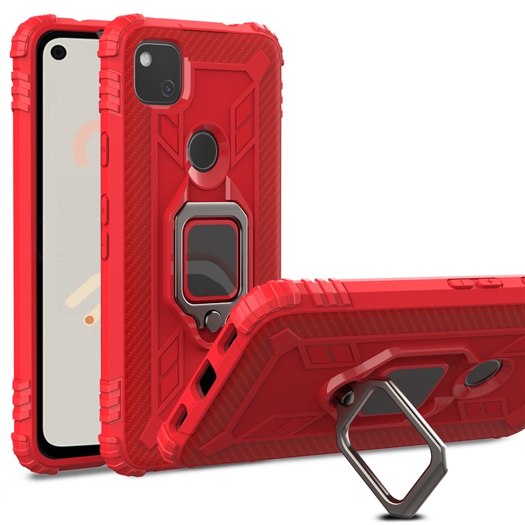 Finger Ring Kickstand TPU Case Mobile Phone Protective Shell for Google Pixel 4a - Red