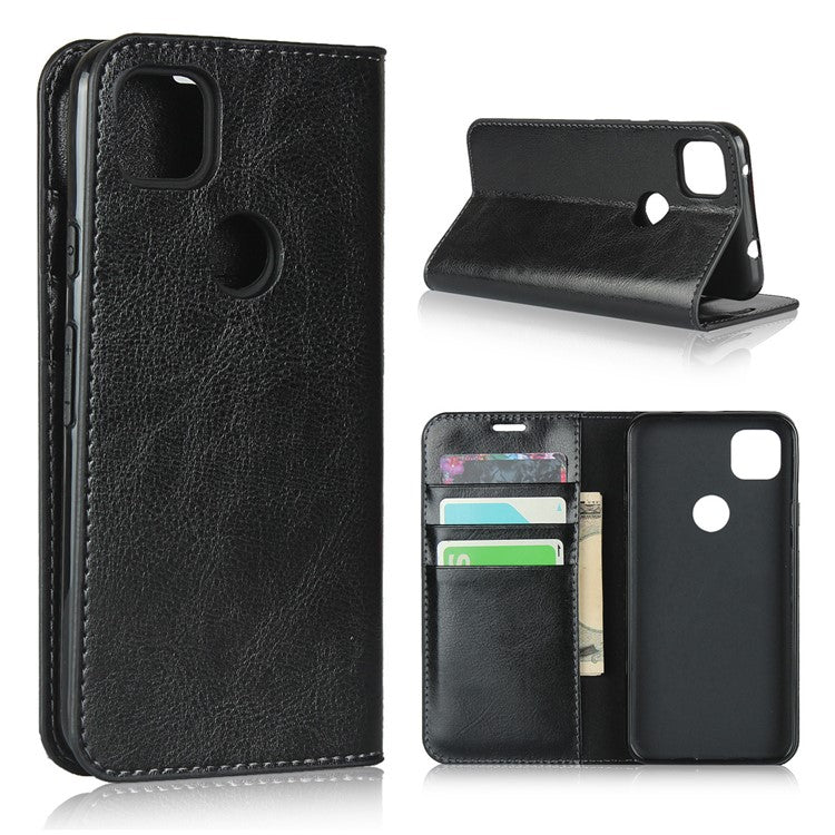 Crazy Horse Skin Genuine Leather Shell for Google Pixel 4a - Black