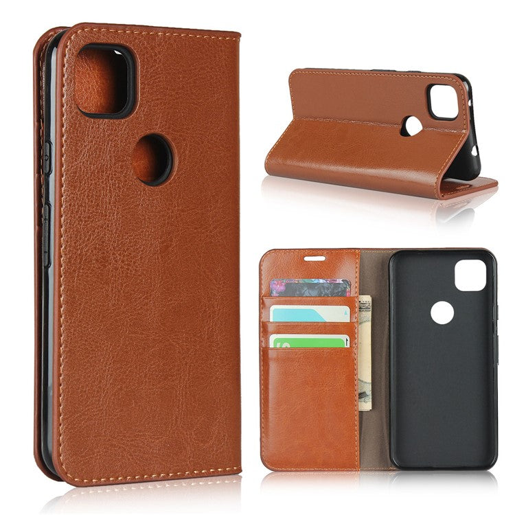 Crazy Horse Skin Genuine Leather Shell for Google Pixel 4a - Brown