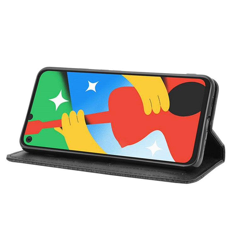 Vintage Style Wallet Stand Leather Phone Cover for Google Pixel 4a 5G - Black