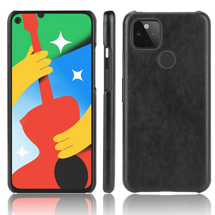 Litchi Skin Leather Coated PC Unique Design Shell for Google Pixel 5 - Black