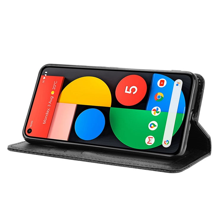 Vintage Style Magnetic PU Leather Cover with Wallet Stand Phone Casing for Google Pixel 5 - Black