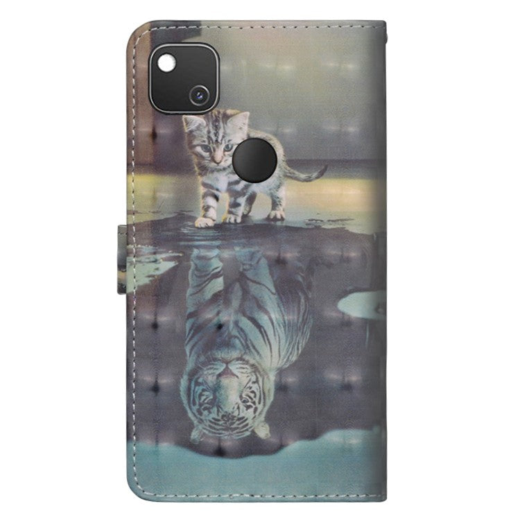 Light Spot Decor Pattern Printing Wallet Stand Leather Shell with Strap for Google Pixel 4a - Cat and Tiger
