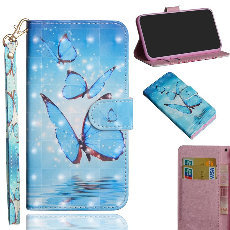 Light Spot Decor Pattern Printing Wallet Stand Leather Shell with Strap for Google Pixel 4a - Blue Butterfly