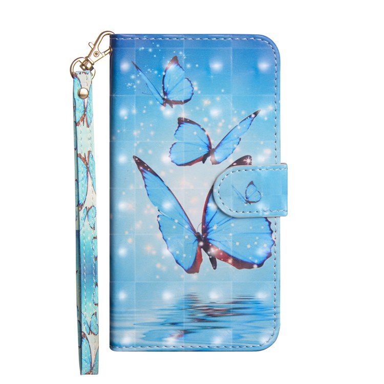 Light Spot Decor Pattern Printing Wallet Stand Leather Shell with Strap for Google Pixel 4a - Blue Butterfly