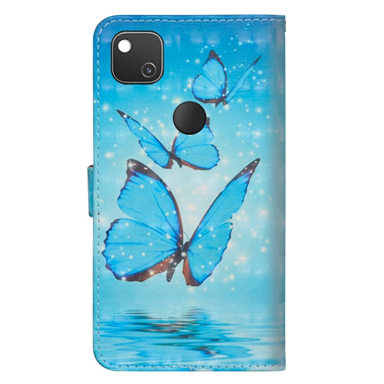 Light Spot Decor Pattern Printing Wallet Stand Leather Shell with Strap for Google Pixel 4a - Blue Butterfly
