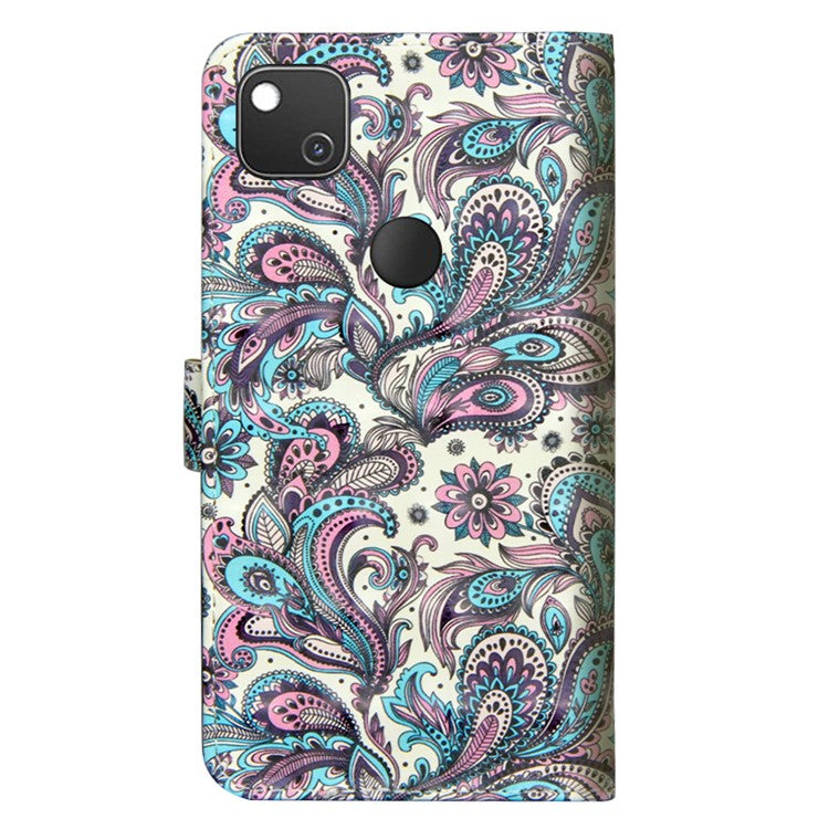Light Spot Decor Pattern Printing Wallet Stand Leather Shell with Strap for Google Pixel 4a - Flower Pattern