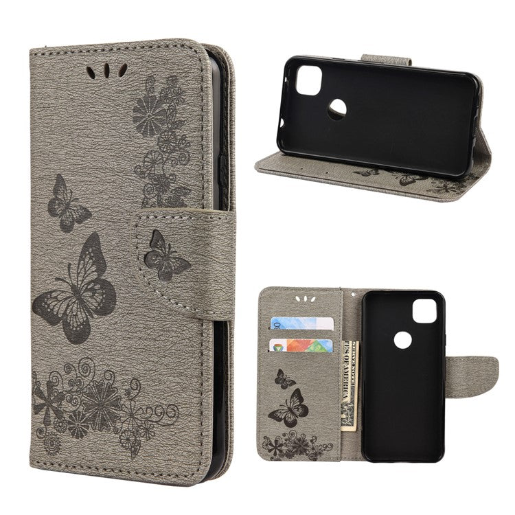 Butterfly Pattern Imprinting TPU + PU Leather Phone Protector for Google Pixel 4a - Grey