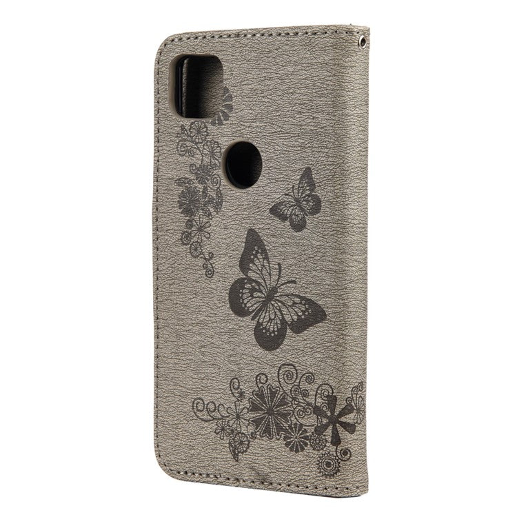 Butterfly Pattern Imprinting TPU + PU Leather Phone Protector for Google Pixel 4a - Grey