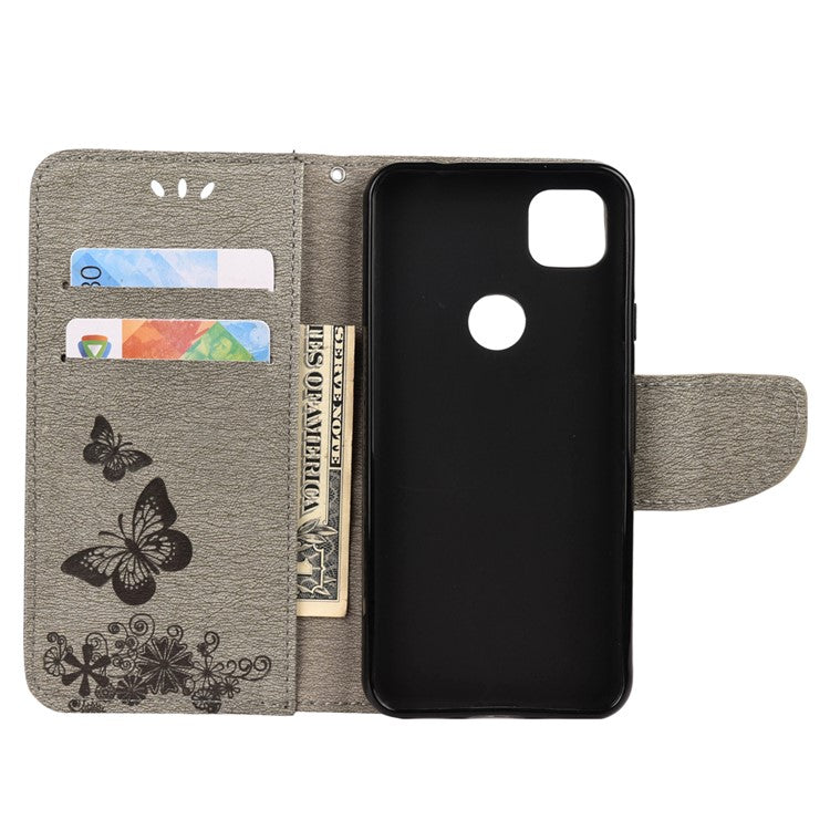 Butterfly Pattern Imprinting TPU + PU Leather Phone Protector for Google Pixel 4a - Grey