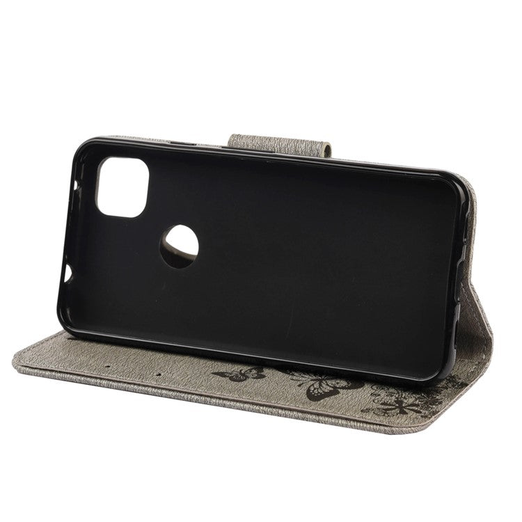 Butterfly Pattern Imprinting TPU + PU Leather Phone Protector for Google Pixel 4a - Grey
