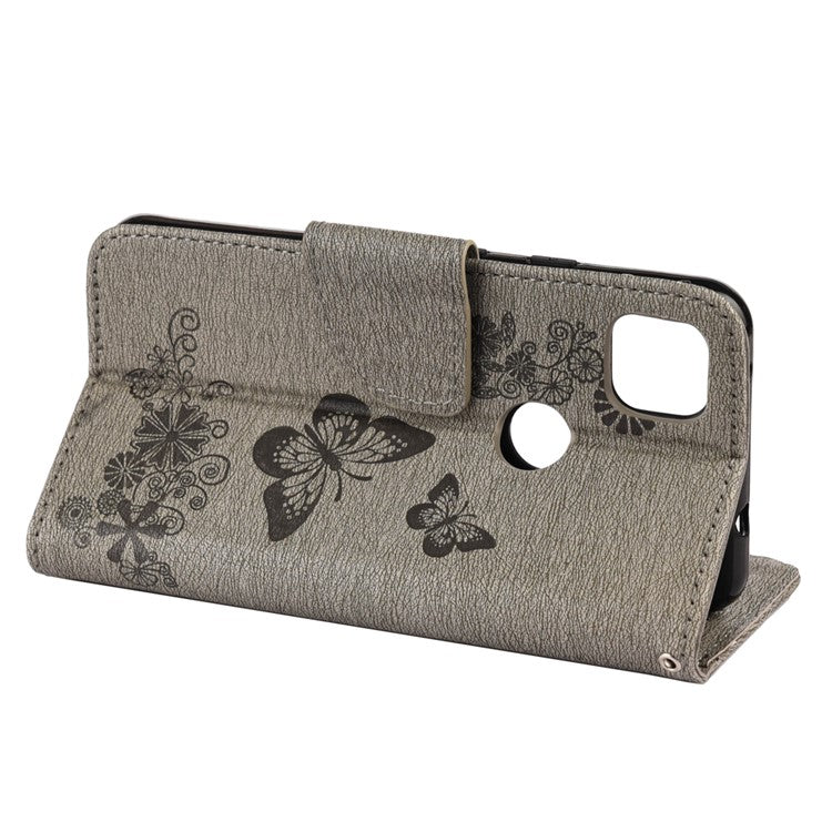 Butterfly Pattern Imprinting TPU + PU Leather Phone Protector for Google Pixel 4a - Grey