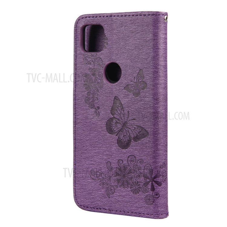 Butterfly Pattern Imprinting TPU + PU Leather Phone Protector for Google Pixel 4a - Purple