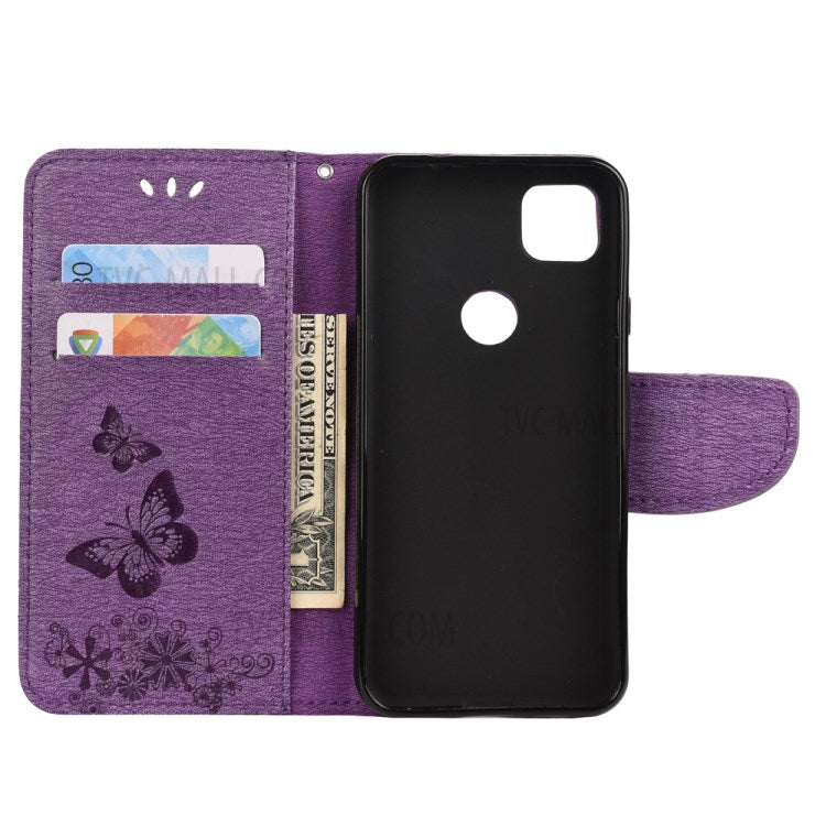 Butterfly Pattern Imprinting TPU + PU Leather Phone Protector for Google Pixel 4a - Purple