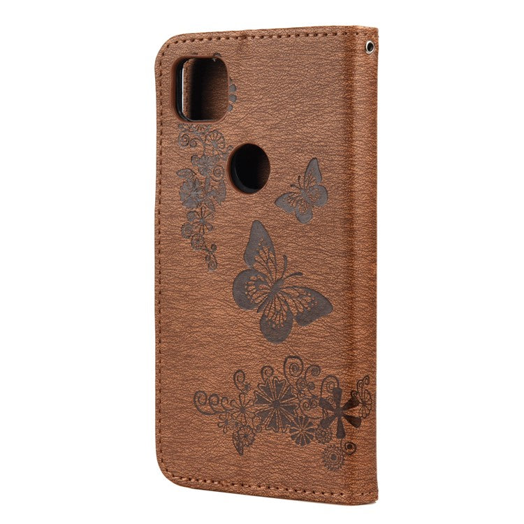 Butterfly Pattern Imprinting TPU + PU Leather Phone Protector for Google Pixel 4a - Brown