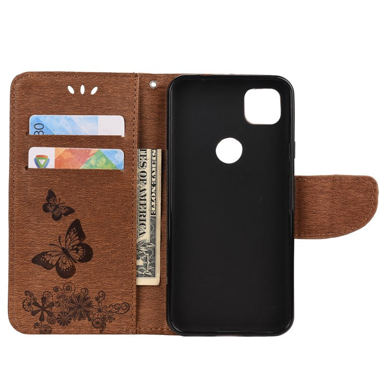Butterfly Pattern Imprinting TPU + PU Leather Phone Protector for Google Pixel 4a - Brown