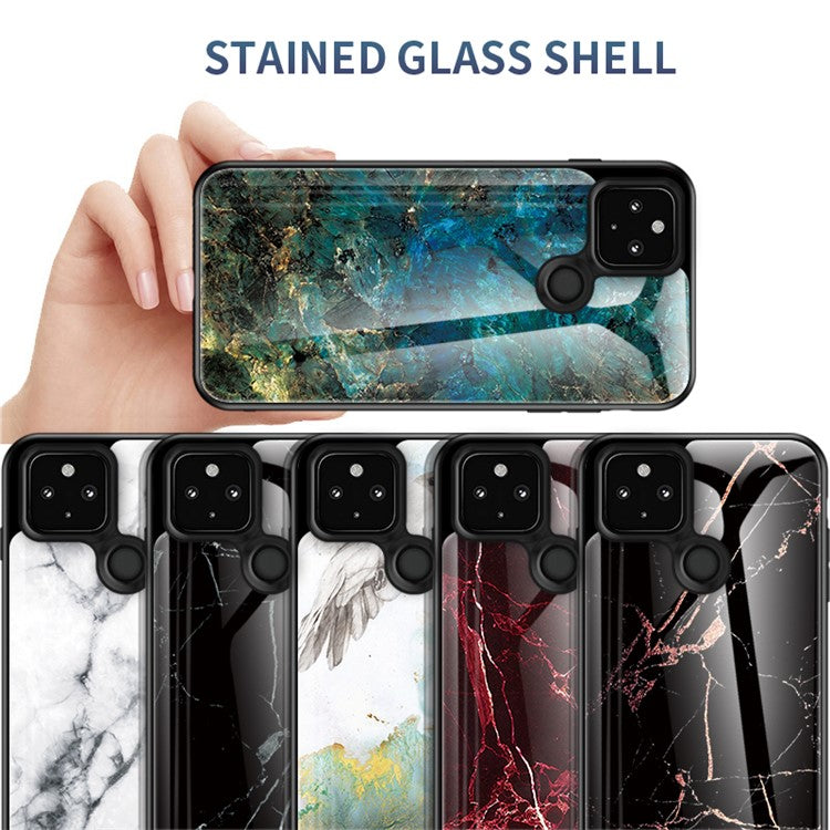 Soft TPU Edge + Marbling Tempered Glass Cell Phone Hybrid Cover for Google Pixel 4a 5G - Emerald Marble