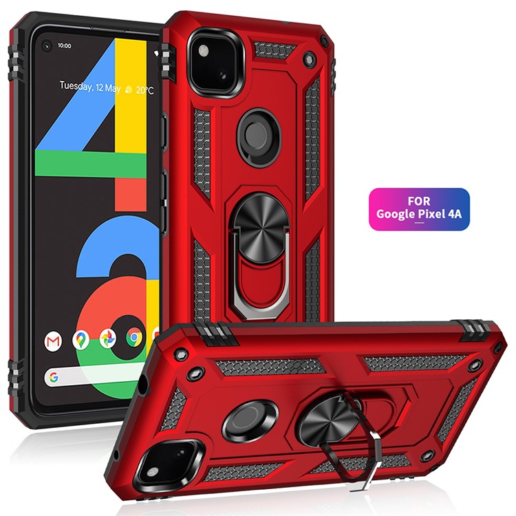 Hybrid PC TPU Shell for Google Pixel 4a Kickstand Armor Cover - Red