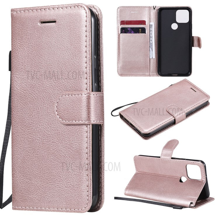KT Leather Series-2 PU Leather Wallet Stand Case with Lanyard for Google Pixel 5 - Rose Gold