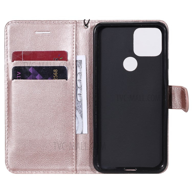 KT Leather Series-2 PU Leather Wallet Stand Case with Lanyard for Google Pixel 5 - Rose Gold