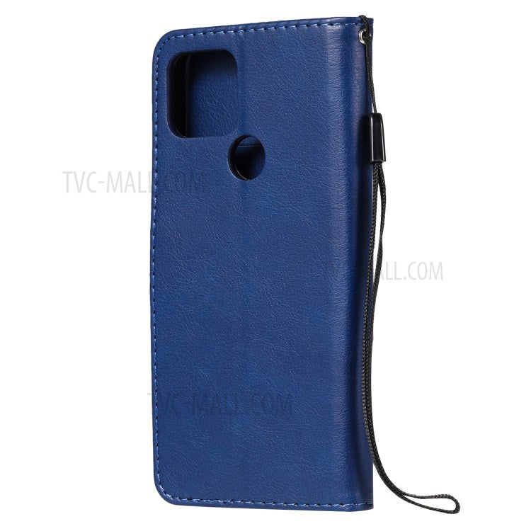 KT Leather Series-2 PU Leather Wallet Stand Case with Lanyard for Google Pixel 5 - Blue