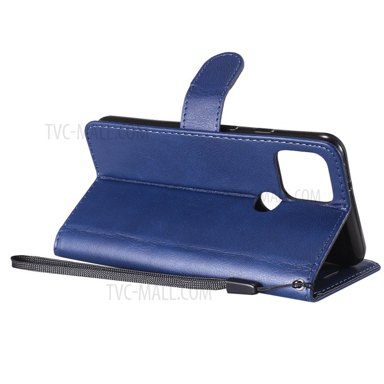 KT Leather Series-2 PU Leather Wallet Stand Case with Lanyard for Google Pixel 5 - Blue