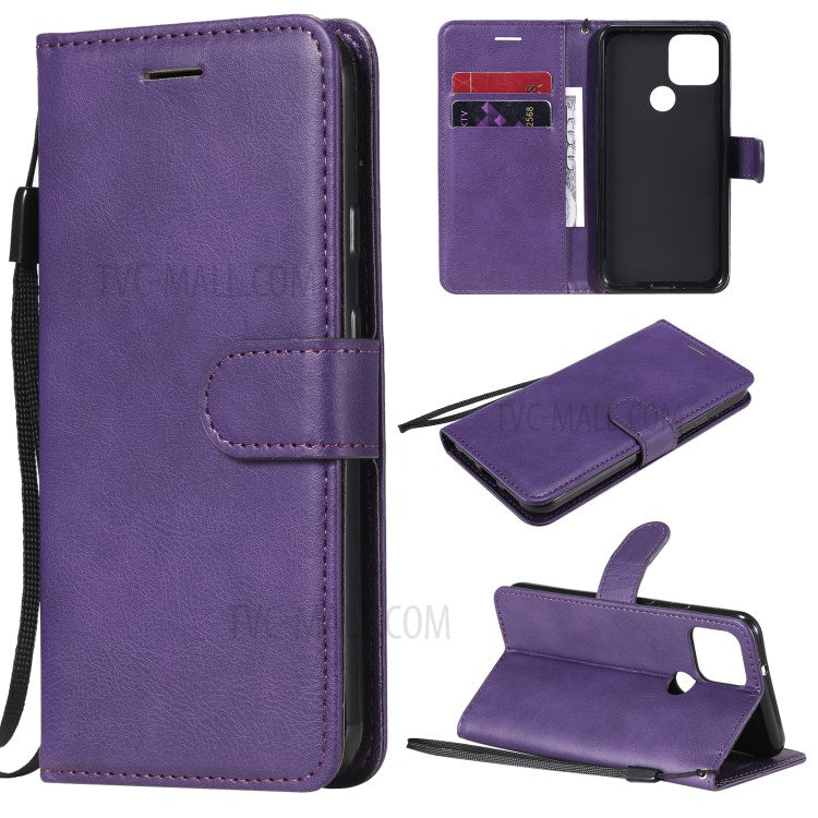 KT Leather Series-2 PU Leather Wallet Stand Case with Lanyard for Google Pixel 5 - Purple