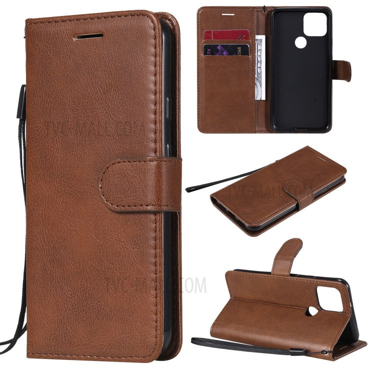KT Leather Series-2 PU Leather Wallet Stand Case with Lanyard for Google Pixel 5 - Brown