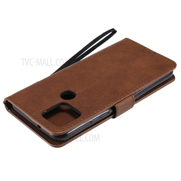 KT Leather Series-2 PU Leather Wallet Stand Case with Lanyard for Google Pixel 5 - Brown