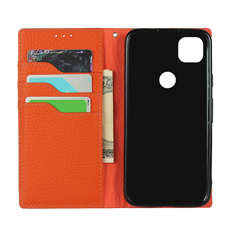 Litchi Skin Genuine Leather Coated TPU Stand Case for Google Pixel 4a - Dark Blue