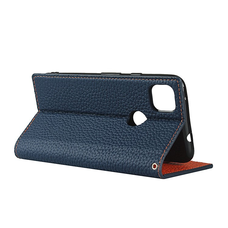 Litchi Skin Genuine Leather Coated TPU Stand Case for Google Pixel 4a - Dark Blue