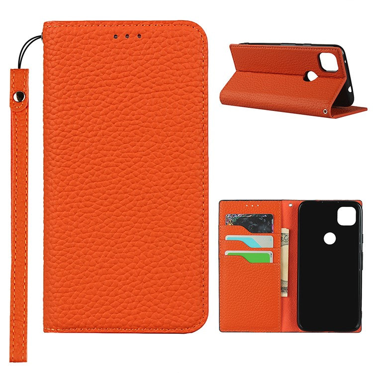 Litchi Skin Genuine Leather Coated TPU Stand Case for Google Pixel 4a - Orange