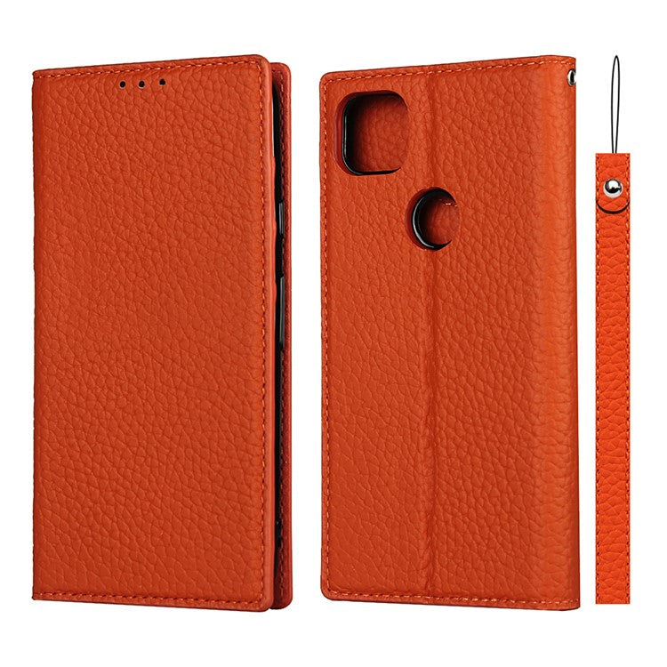 Litchi Skin Genuine Leather Coated TPU Stand Case for Google Pixel 4a - Orange