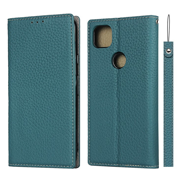 Litchi Skin Genuine Leather Coated TPU Stand Case for Google Pixel 4a - Baby Blue