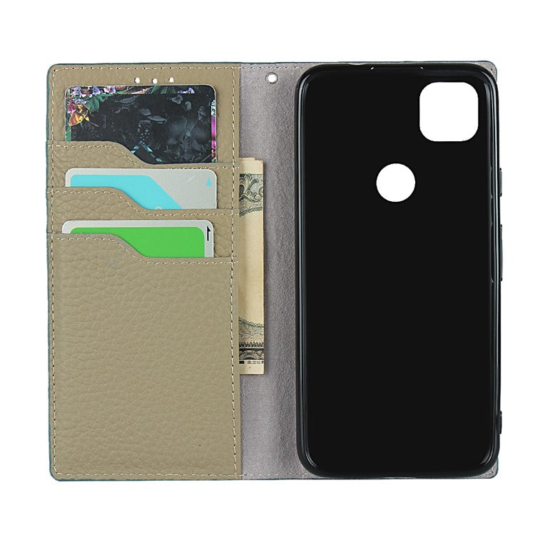 Litchi Skin Genuine Leather Coated TPU Stand Case for Google Pixel 4a - Baby Blue