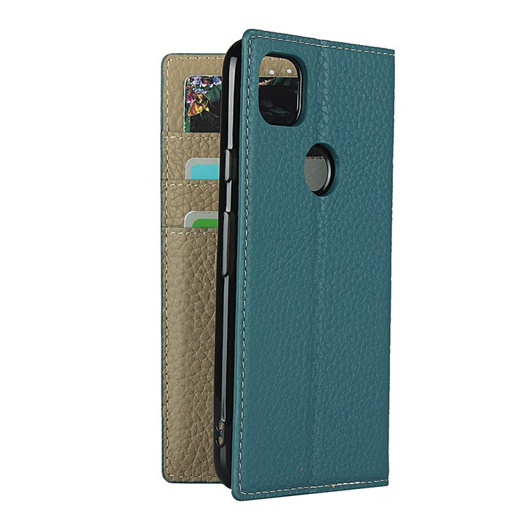 Litchi Skin Genuine Leather Coated TPU Stand Case for Google Pixel 4a - Baby Blue